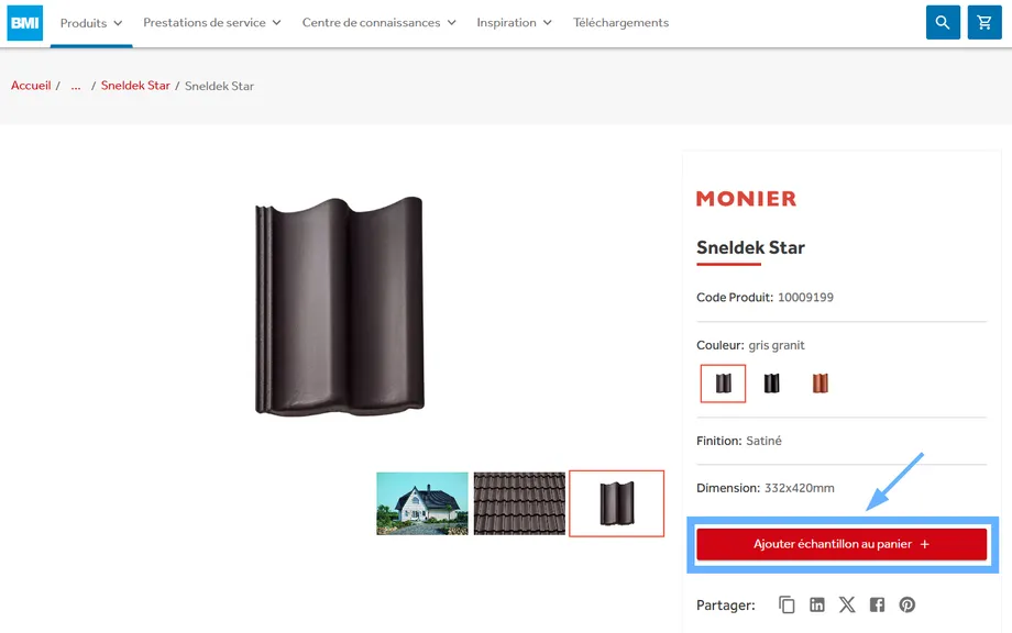 1. Allez sur la page produit de la tuile souhaitée, choisissez la tuile dans la gamme de couleurs et cliquez sur le bouton  "Ajouter échantillon au panier"
